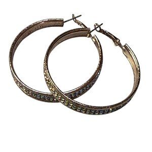 Gold-Tone Hoop Earrings Multicolor Rhinestone Lightweight Stylish Design Pierced